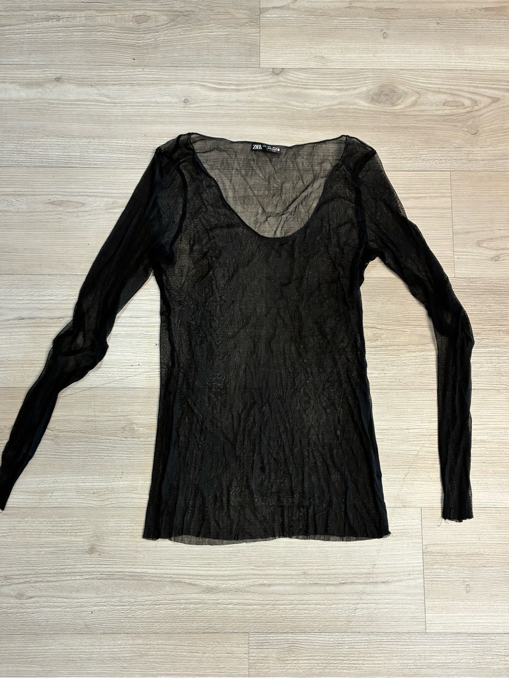 Zara Black Sheer Long Sleeve Scoop Top